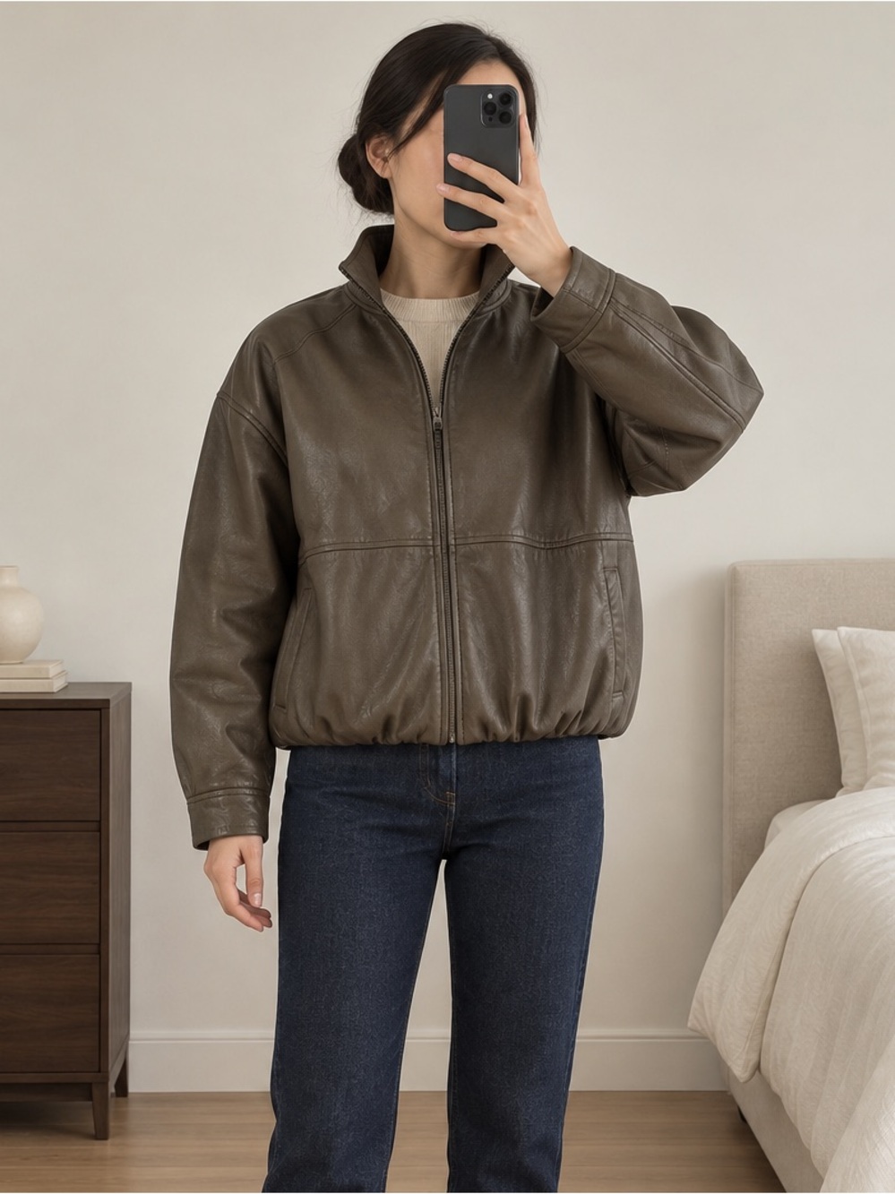 Max Studio Olive Green Faux Leather Cropped Bomber Jacket Size L